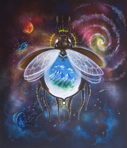 He flies through the galaxies and carries his world